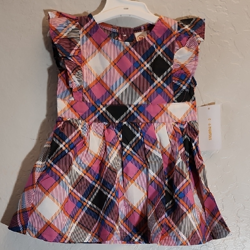 BK Colorful Plaid Ruffled Sleeve Strap Button BacK Colorful Plaid Sleck Dress 6M